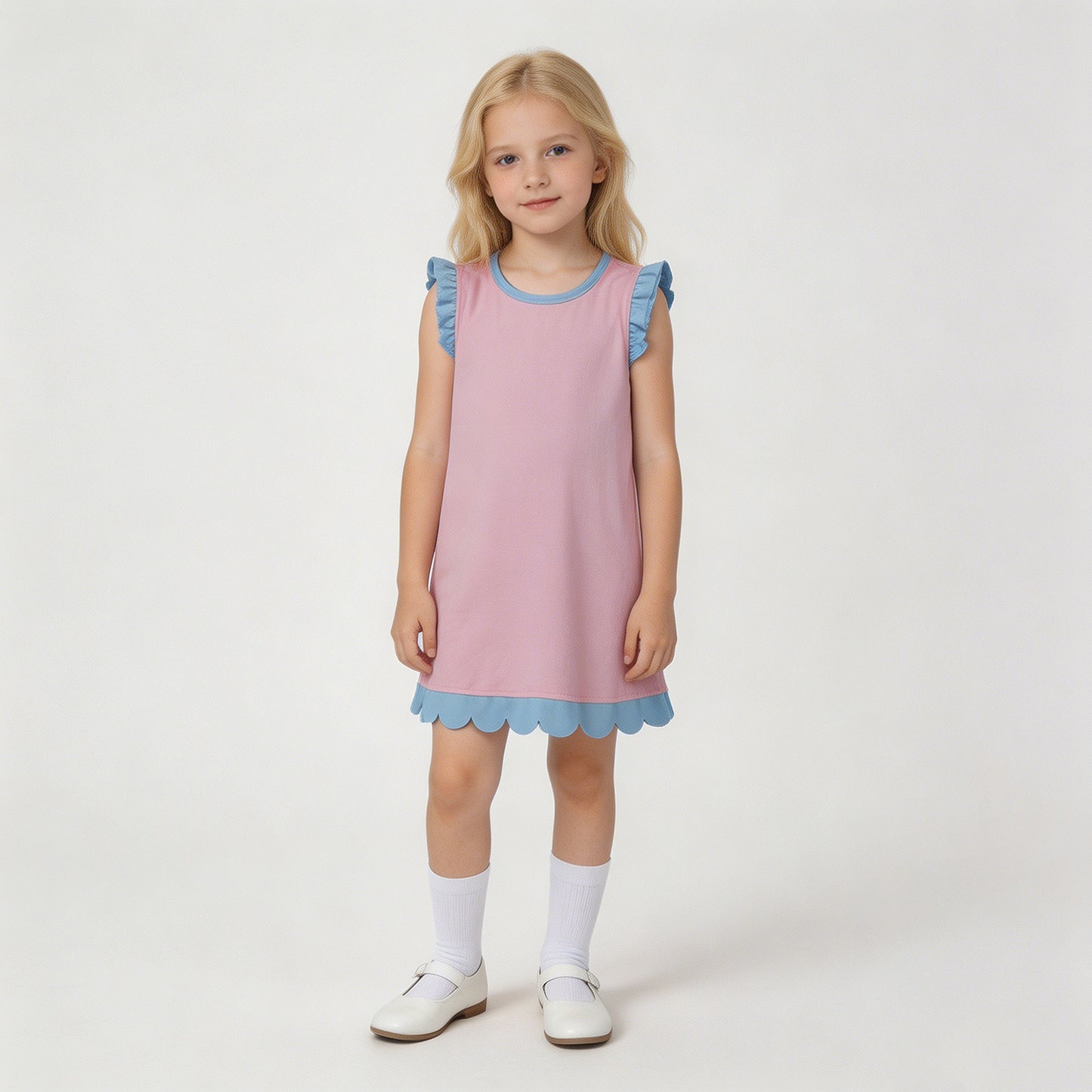 GSD4044 RTS NO MOQ （In stock）Light blue scallop ruffle sleeveless kids girls cotton dress
