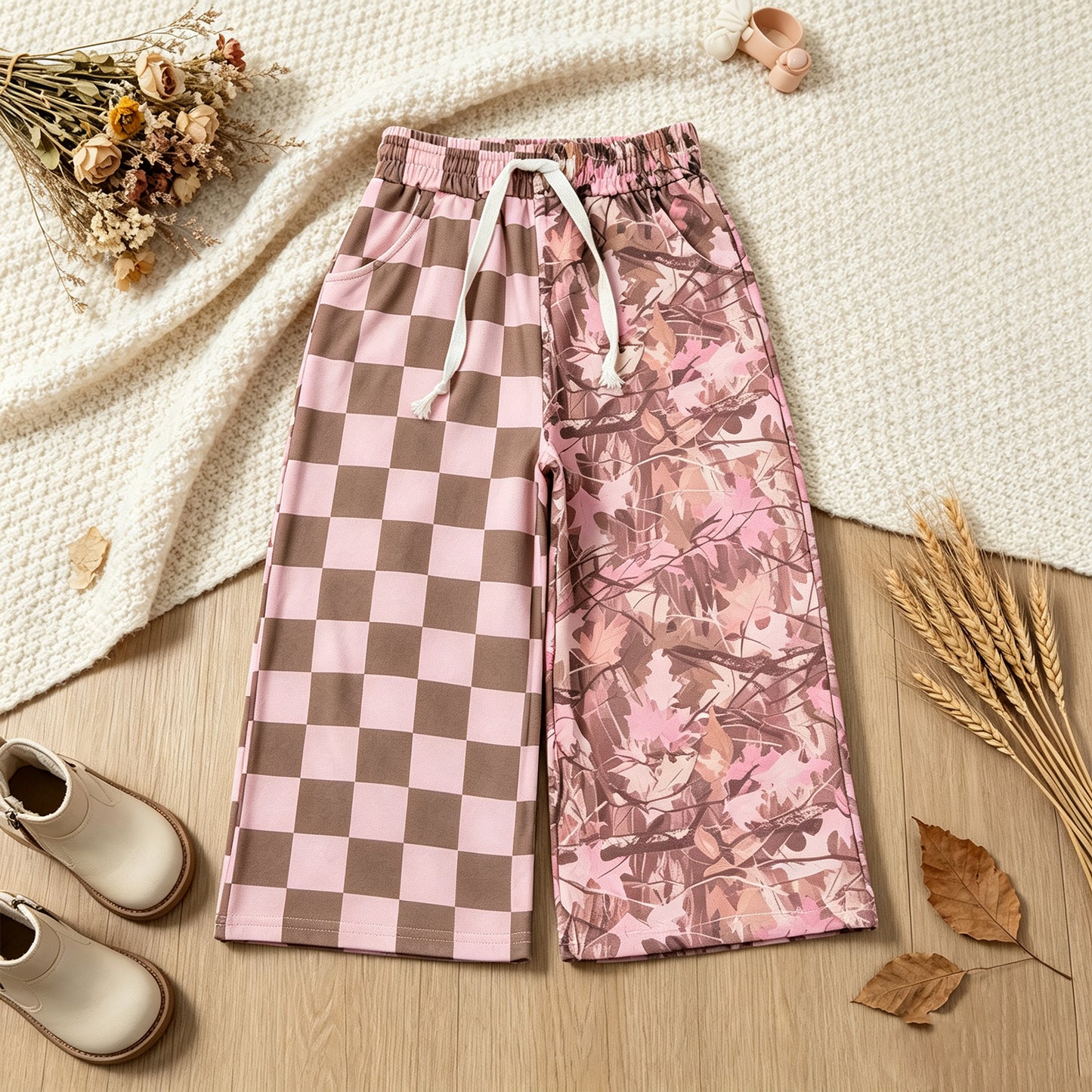 RTS NO MOQ （In stock）P1093 Baby Girls Pink Checked Leaves Pockets Flare Pants Bottom
