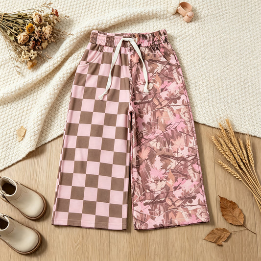 RTS NO MOQ （In stock）P1093 Baby Girls Pink Checked Leaves Pockets Flare Pants Bottom