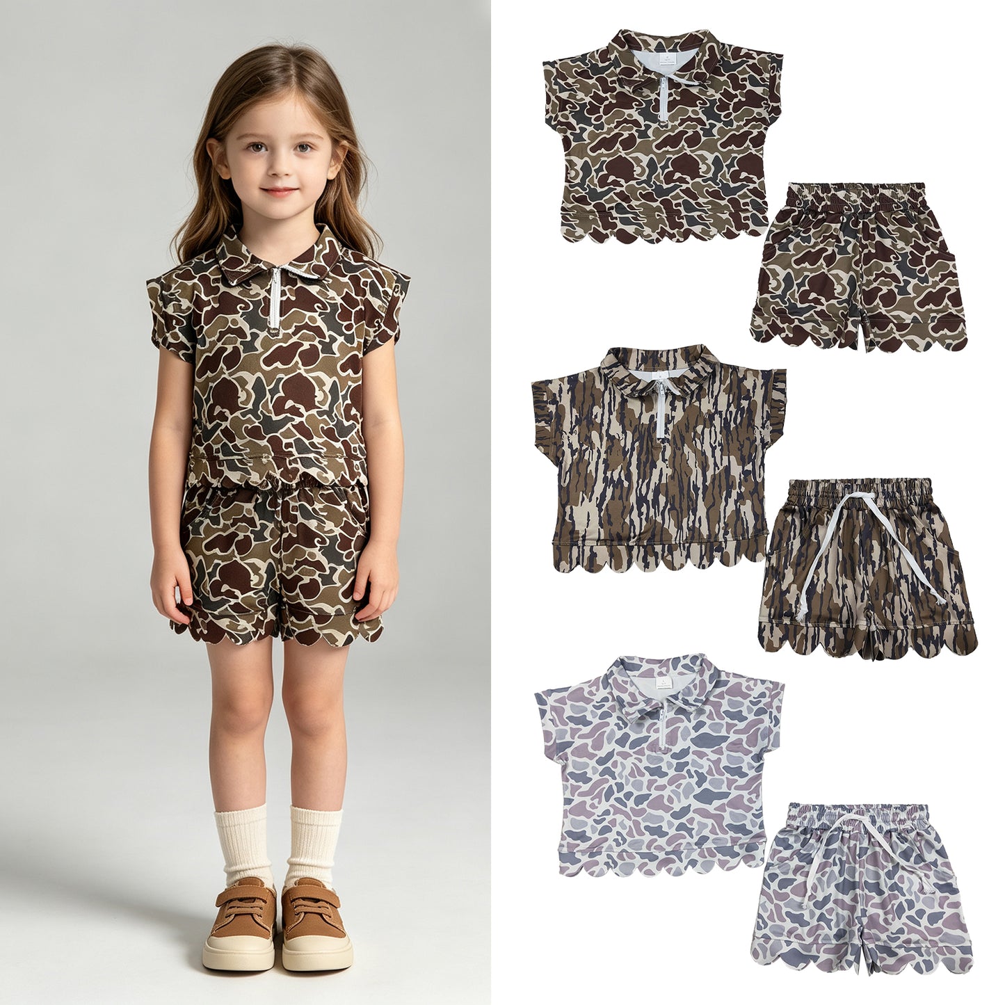 RTS Sibling  milk silk Baby Girls Camo Print Zip Zip Top Matching Scallop Edge Hem Shorts  Clothes Set