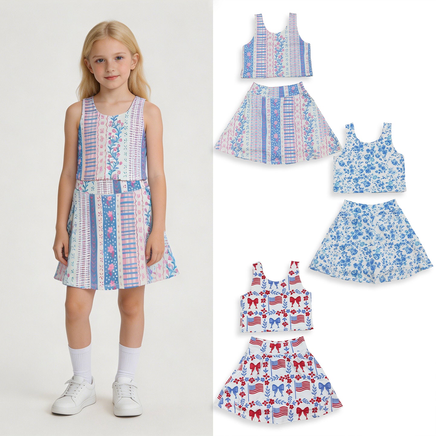 RTS NO MOQ （In stock ）Sleeveless baseball bow kids girls summer activewear set