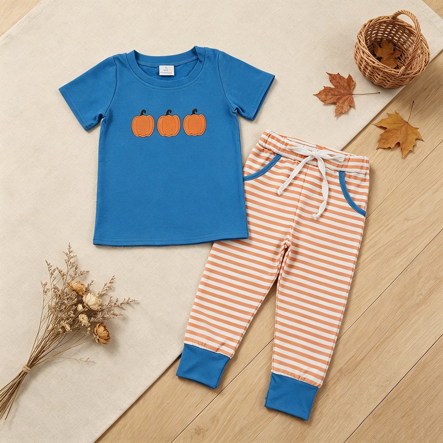 RTS NO MOQ （In stock）milk silk  BSPO0693 Embroidery Pumpkins Baby Boys Top Stripe Pockets Jogger Fall Clothes Sets