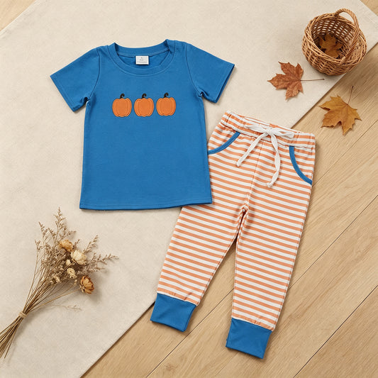 RTS NO MOQ （In stock）milk silk  BSPO0693 Embroidery Pumpkins Baby Boys Top Stripe Pockets Jogger Fall Clothes Sets