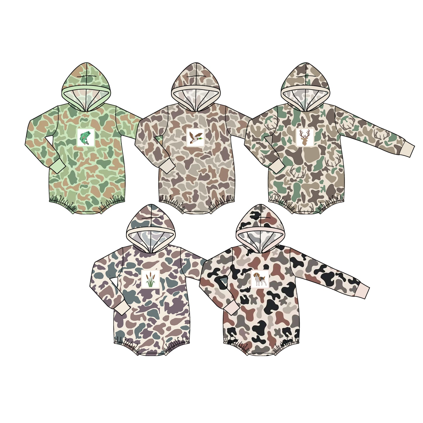 4.15 Pre Order No moq Baby Boy Camo Hooded Romper,  Print Long Sleeve Bubble Bodysuit