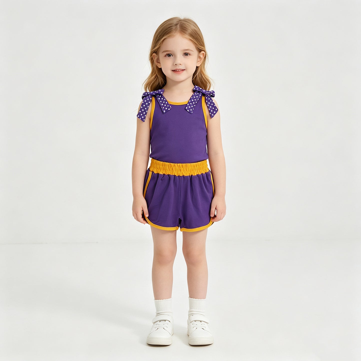 GSSO3826 RTS NO MOQ （In stock）cotton Sleeveless polka dots bow purple top shorts girls team outfits