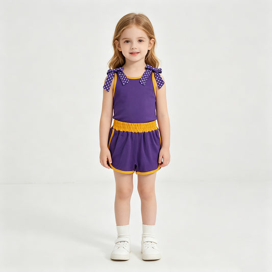 GSSO3826 RTS NO MOQ （In stock）cotton Sleeveless polka dots bow purple top shorts girls team outfits