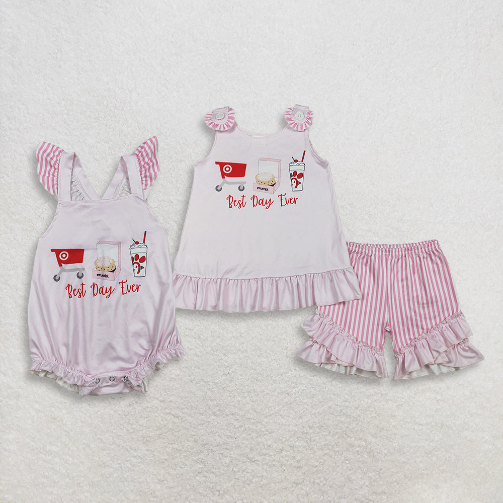 3.30 RTS Sibling Pink best day ever chicken stripe kids girls summer outfits
