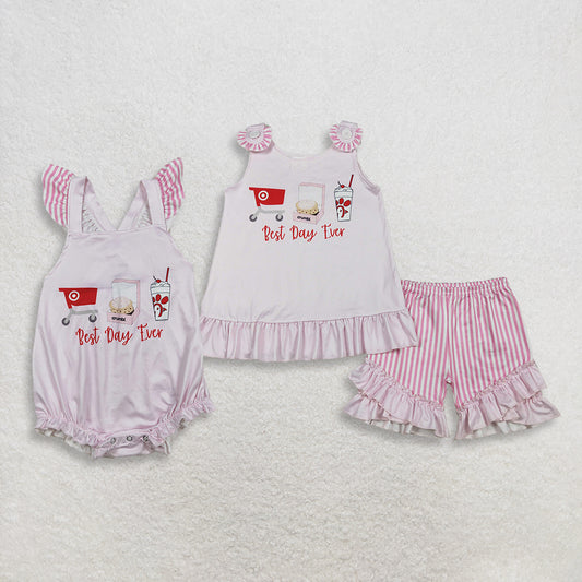 3.30 RTS Sibling Pink best day ever chicken stripe kids girls summer outfits