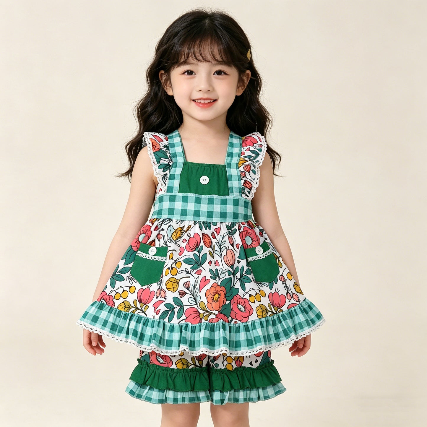 4.10 GSSO3738 RTS NO MOQ （In stock ）Baby Girls Flutter Sleeve Flowers Pockets Tunic Ruffle Shorts Clothes Set