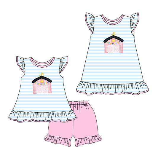 Baby Girls Light Blue Stripe Flutter Sleeves House Tunic Pink Ruffle Short Farm Set
