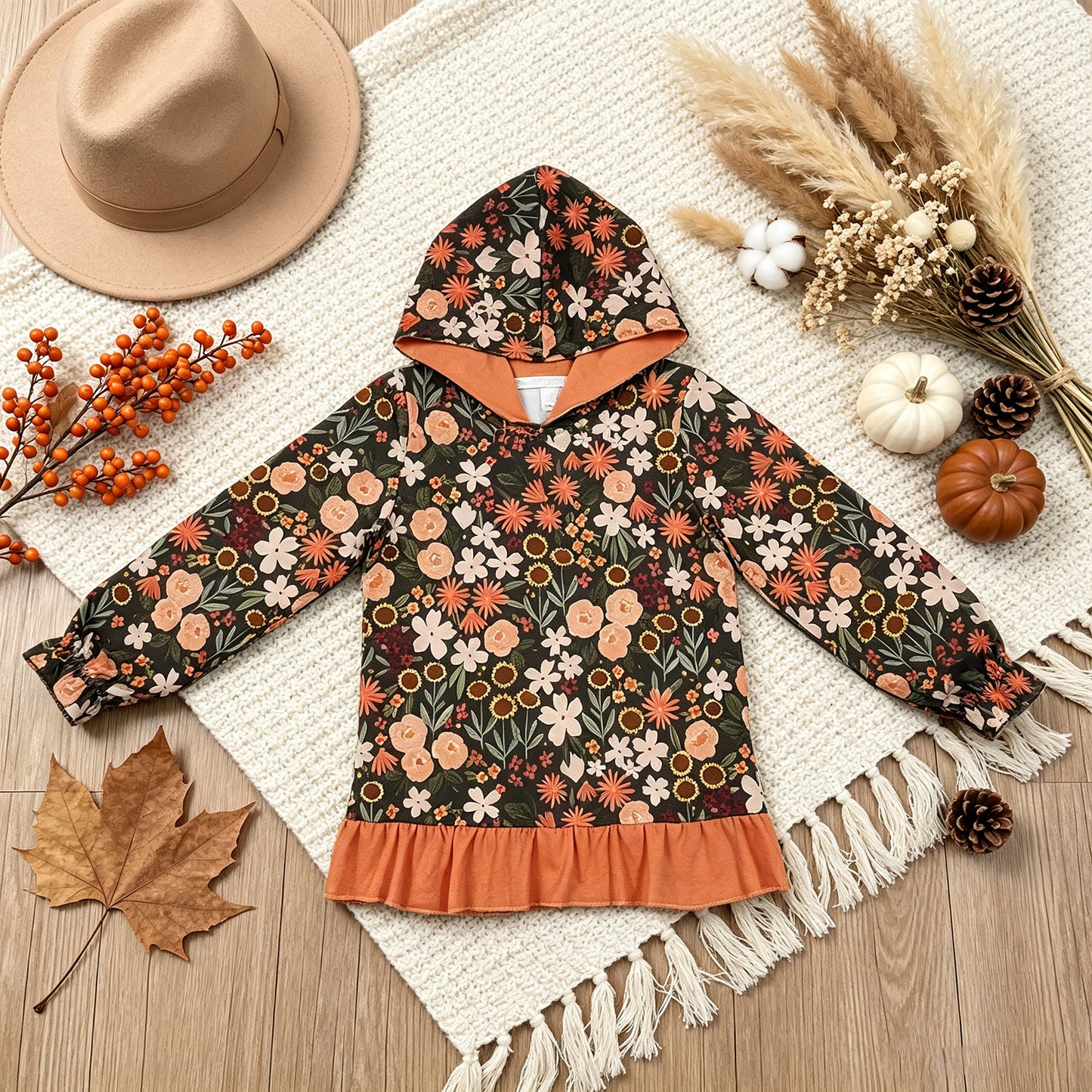 GT1644 RTS NO MOQ （In stock）milk silk Baby Girls Flower Print Ruffle Cuff Hooded Sweatshirt Casual Top