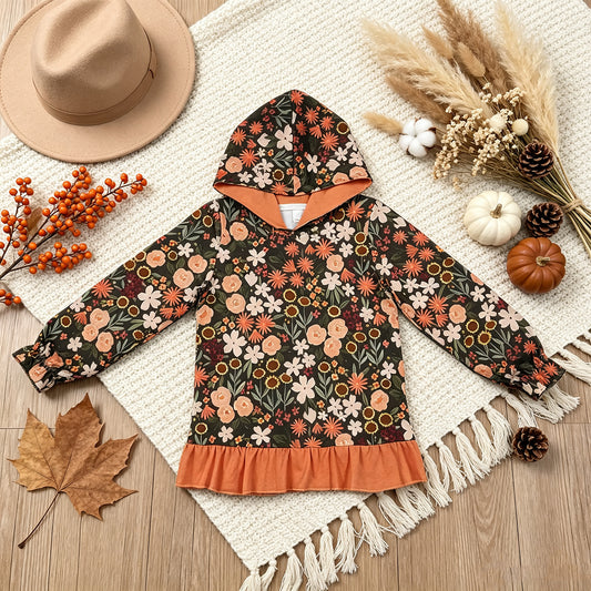 GT1644 RTS NO MOQ （In stock）milk silk Baby Girls Flower Print Ruffle Cuff Hooded Sweatshirt Casual Top