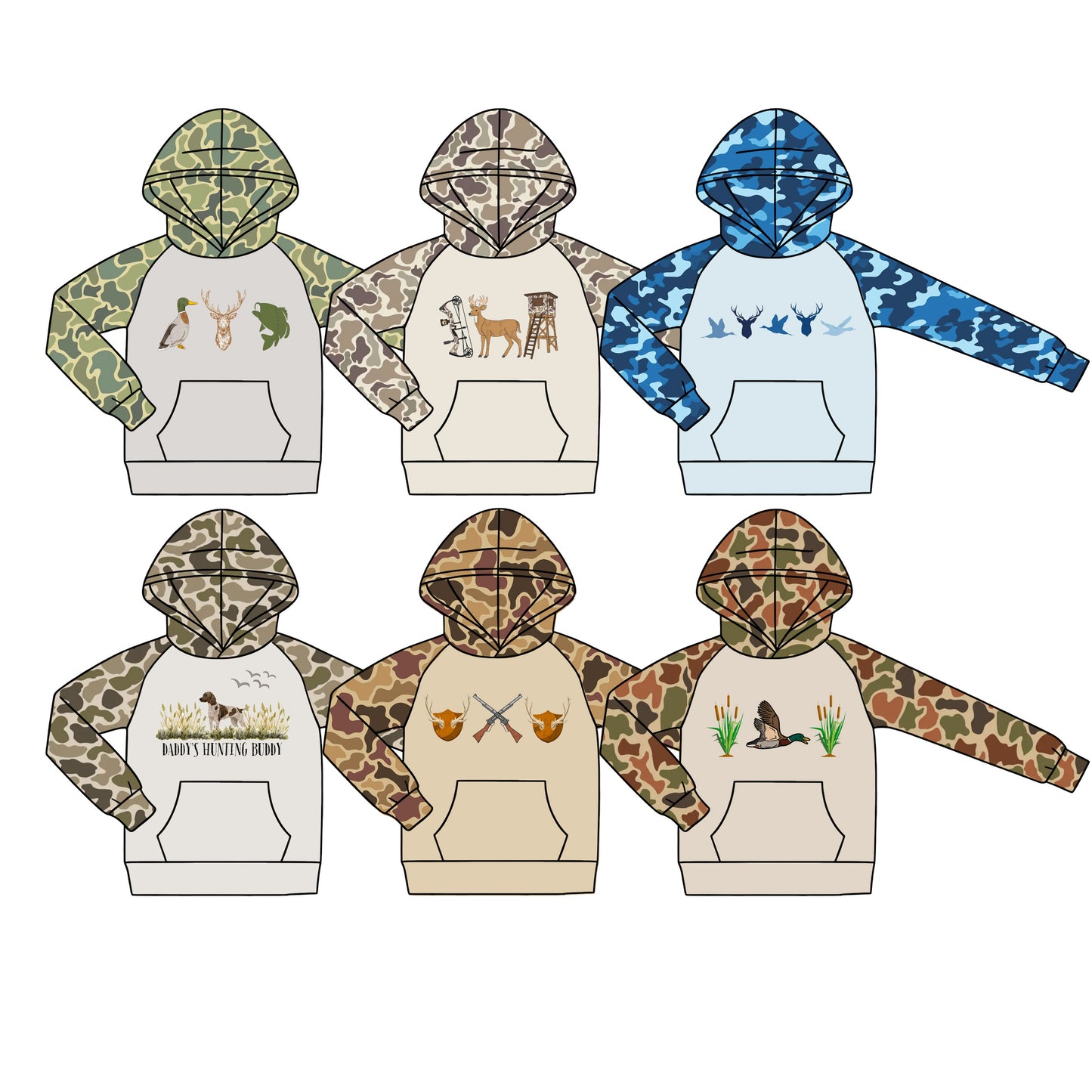 4.18 Pre order No Moq Baby Boys Southern Camo Deer Duck Fishes Hunting Pocket Hoodie Romper