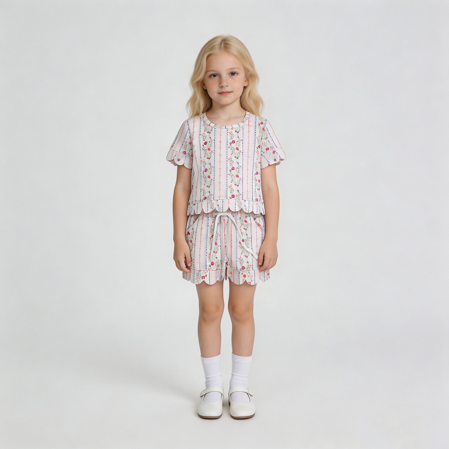 GSSO3411 RTS NO MOQ （In stock）Short sleeves scallop floral toddler girls summer outfits