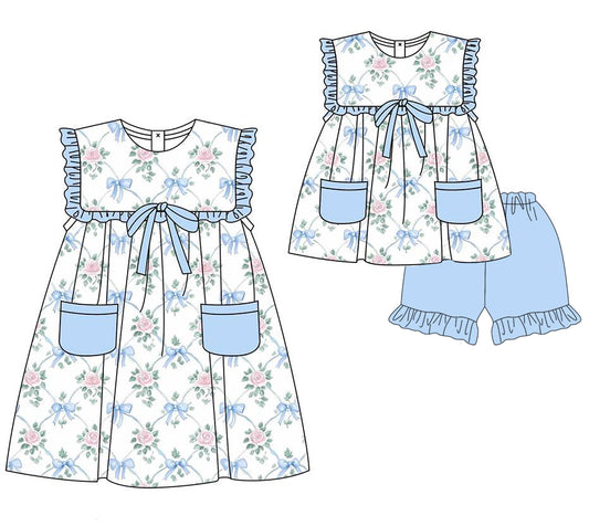 Girls Light Blue Ruffle Floral Bow Pockets Tunic Short Set Cute Casual Outfit for Kids