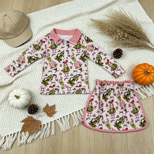 GLD1610 RTS NO MOQ （In stock）milk silk Cute Clothes Baby Girls Christmas Zip Up Top Short Skirt Winter Christmas Holiday Clothes Set