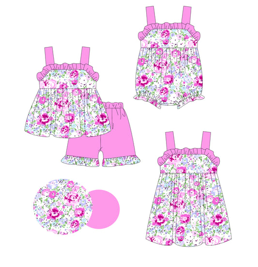 Kids Girls Pink Straps Floral Tunic Ruffle Shorts Set - Floral Print Top with Matching Ruffle Shorts - Spring/Summer Children's Outfit