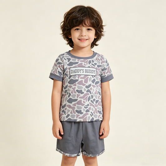 BSSO1838 RTS NO MOQ （In stock ）Grey camo daddy's buddy top shorts boys clothing set
