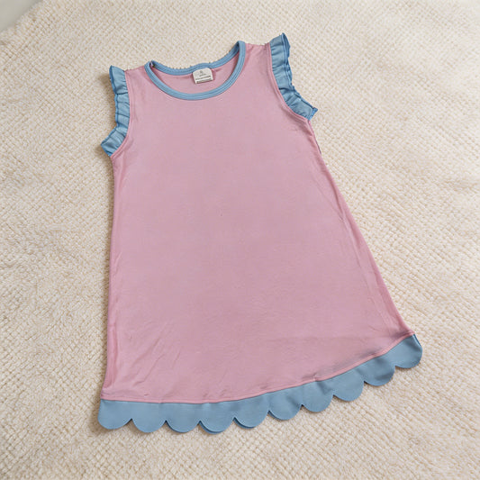 GSD4044 RTS NO MOQ （In stock）Light blue scallop ruffle sleeveless kids girls cotton dress