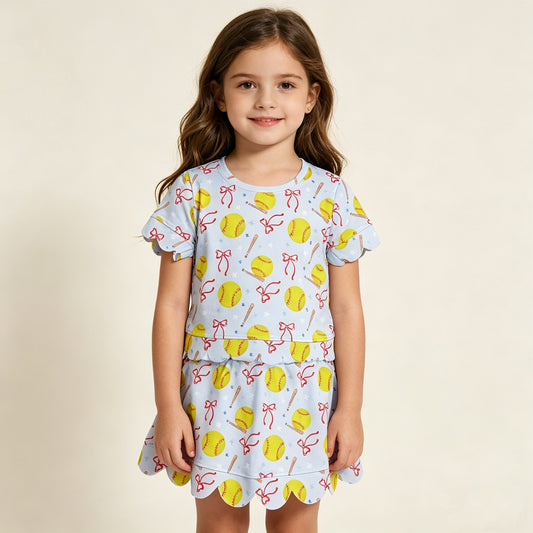 GSD3655 RTS NO MOQ （In stock ）Short sleeves softball bow scallop top skirt girls active outfit