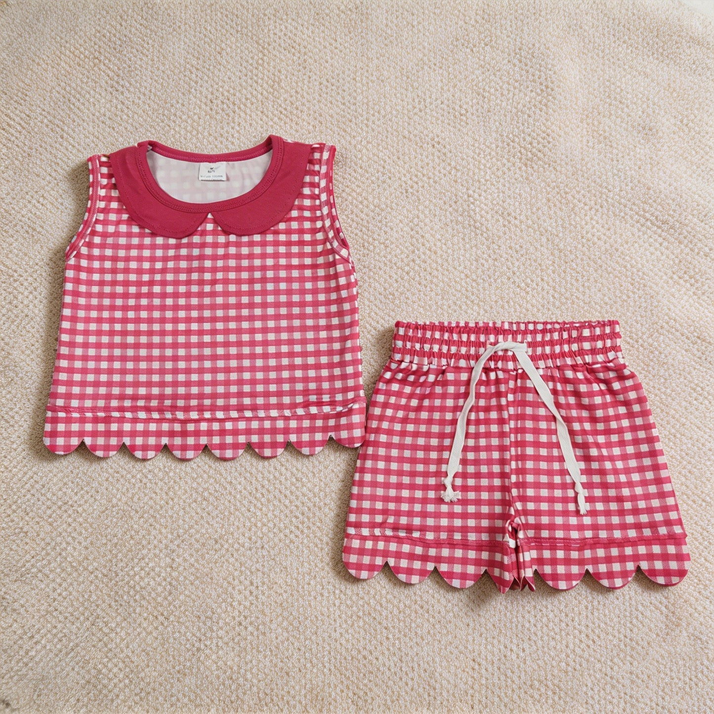 GSSO3395 RTS NO MOQ （In stock）Sleeveless hot pink plaid scallop top shorts girls outfits