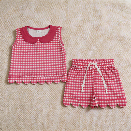 GSSO3395 RTS NO MOQ （In stock）Sleeveless hot pink plaid scallop top shorts girls outfits