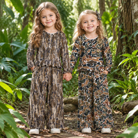 RTS NO MOQ Sibling milk silk Baby Girls Camo Scallop Trim Long Sleeve Top And Pants Pajama Set