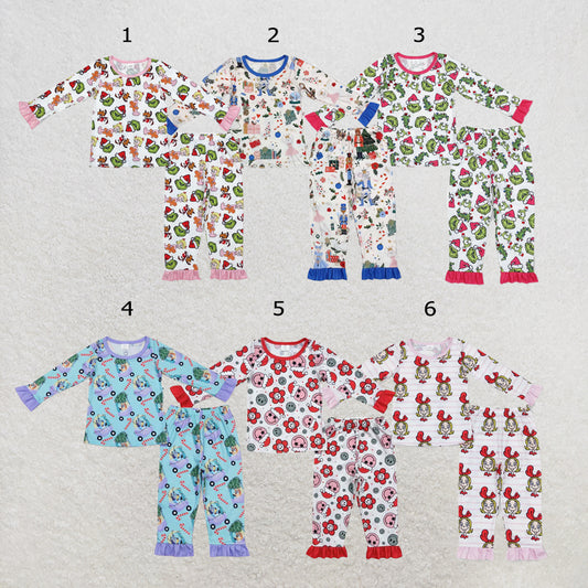 RTS Sibling Baby Girls Christmas Shelf Bamboo Pajamas Clothes Sets