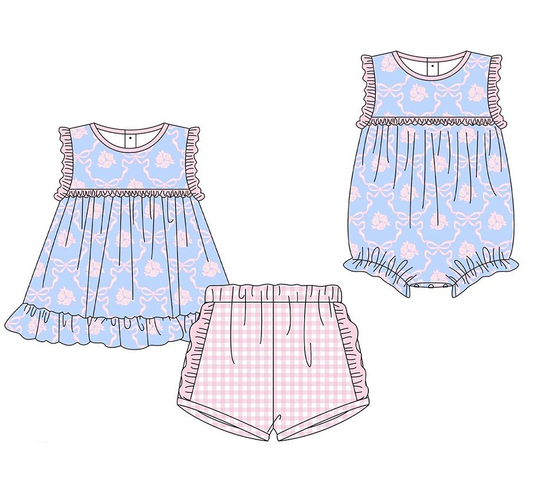 Girls Sleeveless Bow Floral Tunic Ruffle Plaid Shorts Set Cute Preemie to plus Size Outfit for Spring Summer