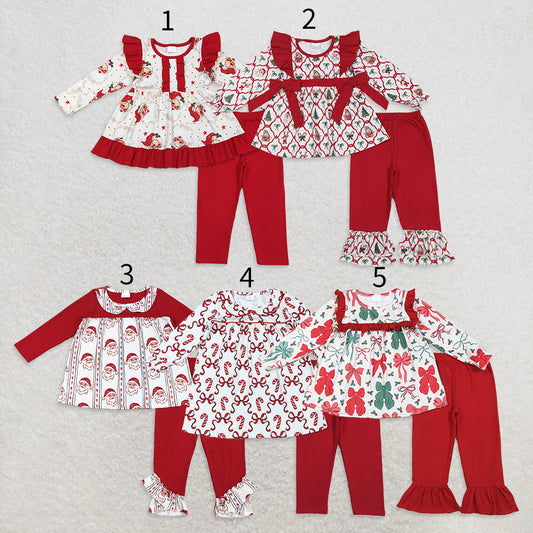 10.1 RTS Sibling Baby Girls Long Ruffle Sleeves Holly Santa Plaid Tunic Pants Christmas Set