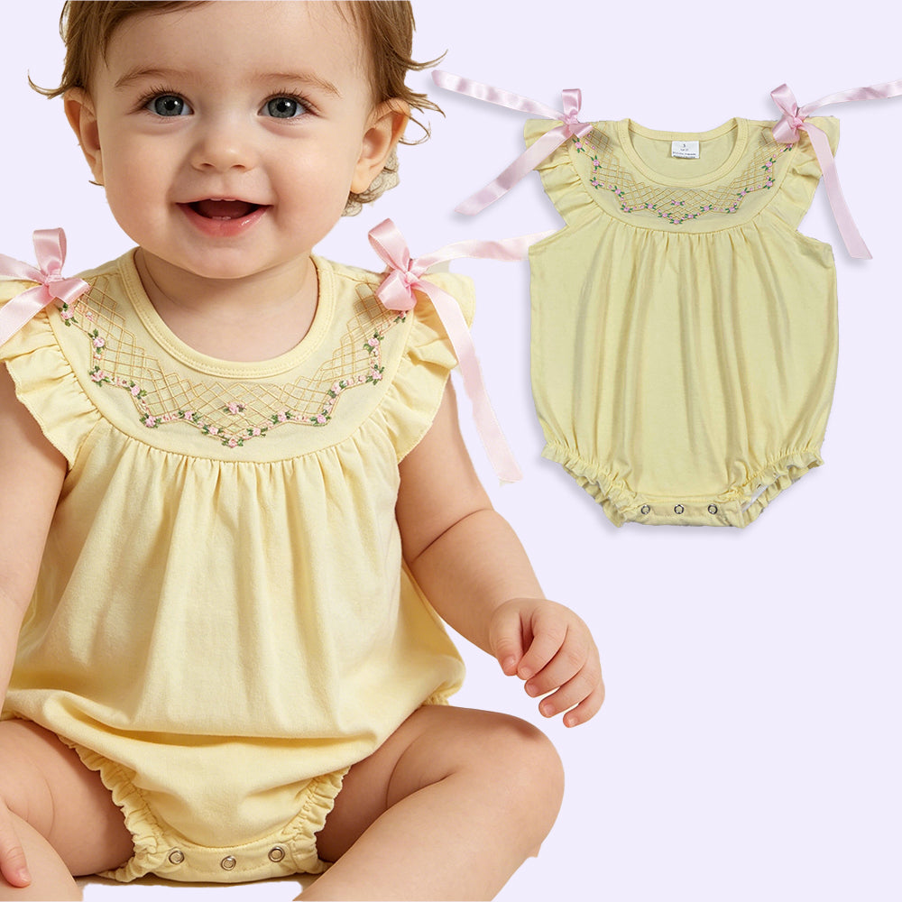 SR3561 RTS NO MOQ （In stock）Flutter sleeves yellow floral embroidery baby girls romper