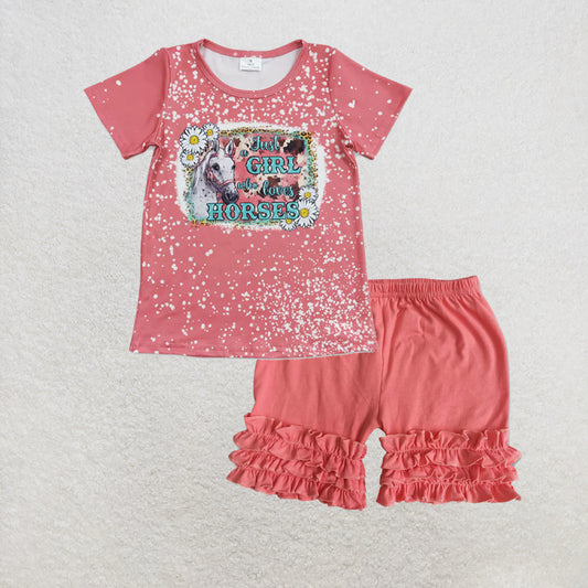 5.26 RTS NO MOQ （In stock）GT0095+A16-4 Just a girl who loves horse short sleeves baby kids shirt with solid icing ruffle shorts