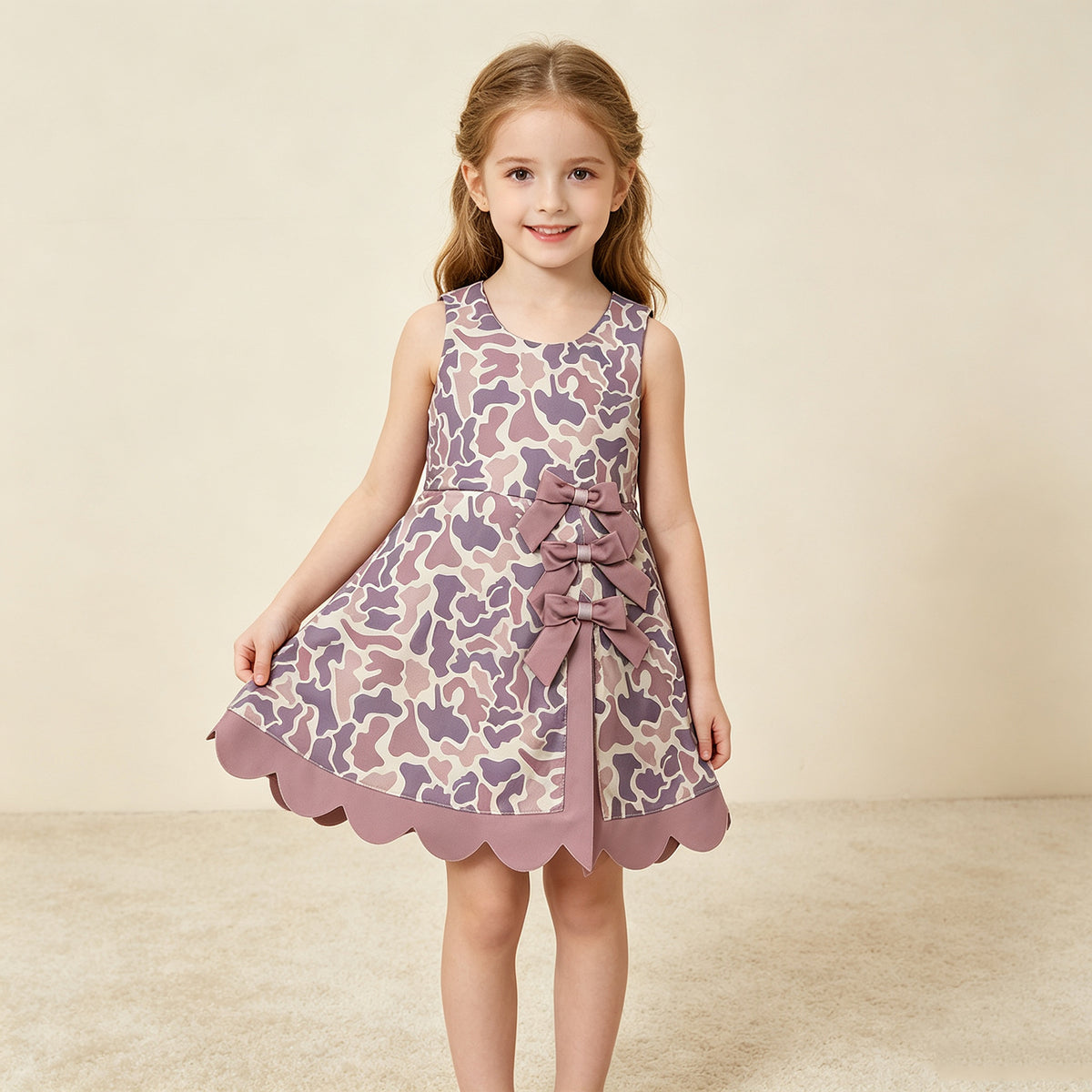 RTS NO MOQ （In stock）yoga fabric GSD4227 Baby Girls Sleeveless Khaki Camo Yoga Active Short Scallop Bows Knee Length Dress