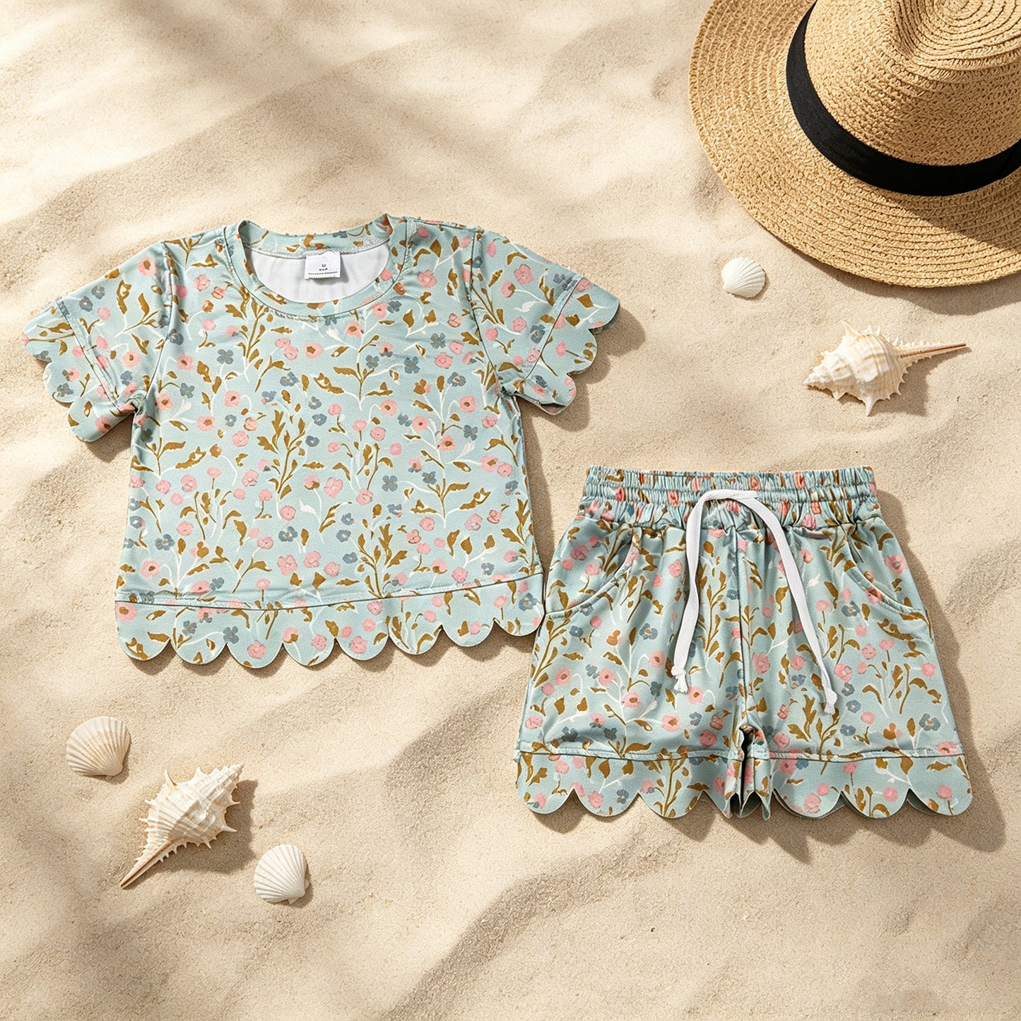 GSSO3266 RTS NO MOQ （In stock ）Mint floral scallop short sleeves top shorts girls summer set