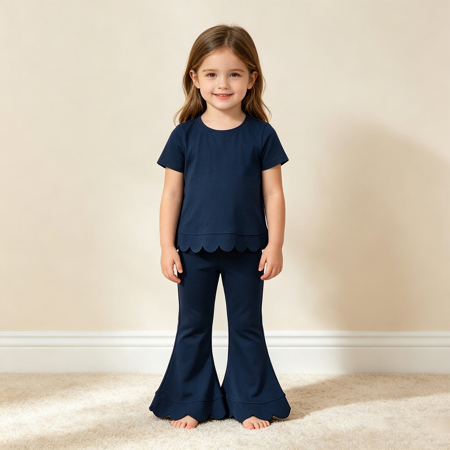 RTS NO MOQ （In stock） cotton GSPO2343（GT1773+P1081）Baby Girls Navy Short Sleeve Shirts Top Flare Pant Scallop Sets