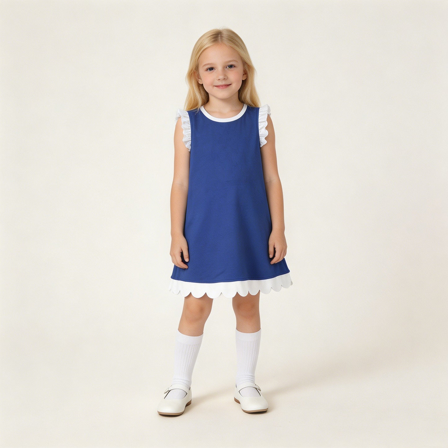 GSD4053 RTS NO MOQ （In stock）White scallop ruffle sleeveless blue girls cotton team dress