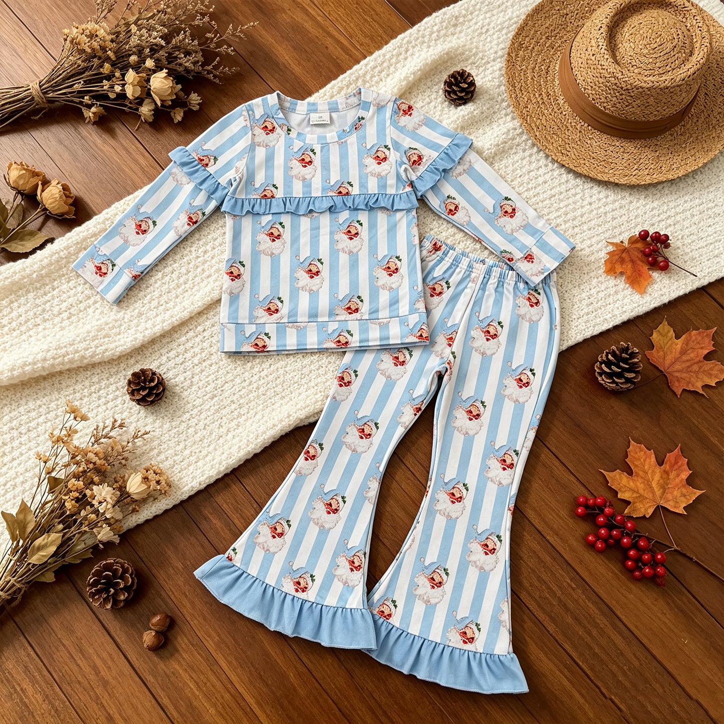 RTS NO MOQ milk silk GLP3451 Baby Girls Blue Bow Santa Stripe Print Long Sleeve Top Bell Bottom Flare Pants Christmas Set