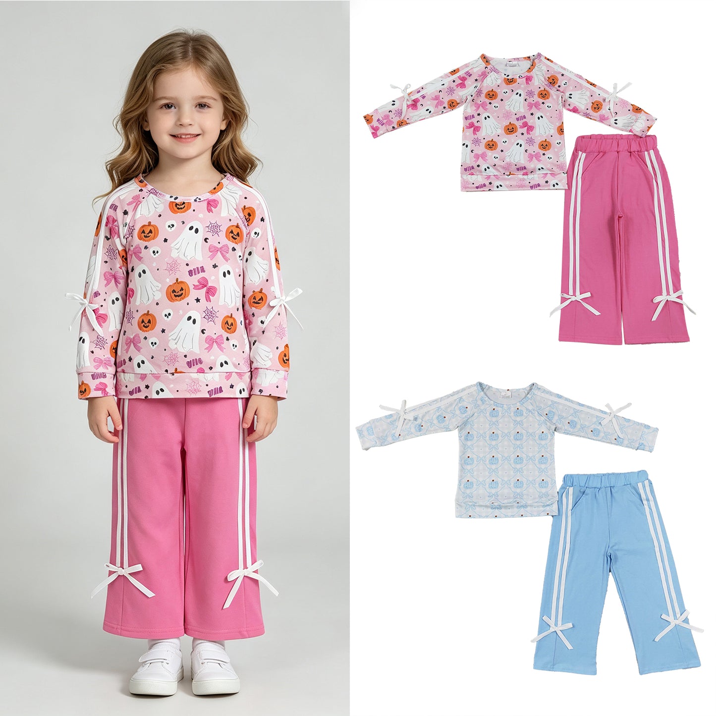 RTS Sibling Toddler Girls Ghost Pumpkin Print Top Matching Pocket Flare Pant Two Piece Halloween Clothes Set