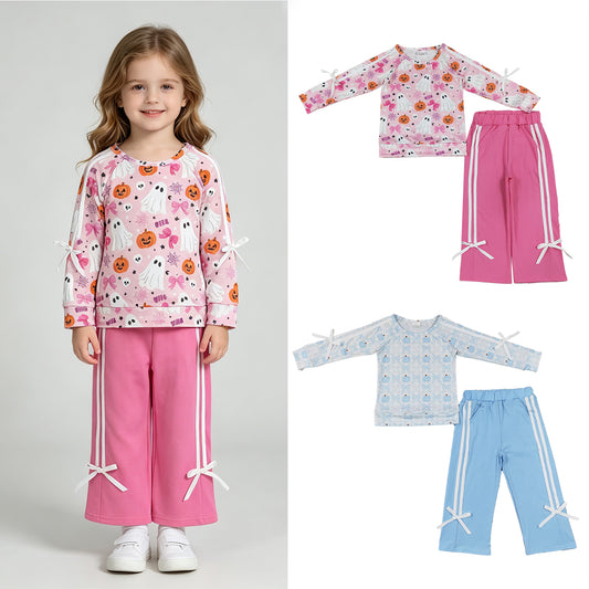 RTS Sibling Toddler Girls Ghost Pumpkin Print Top Matching Pocket Flare Pant Two Piece Halloween Clothes Set