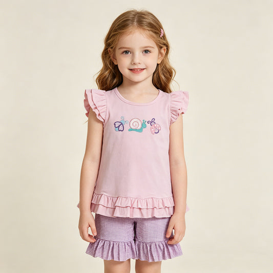 GSSO3305 RTS NO MOQ （In stock ）Flutter sleeves bee snails embroidery kids girls outfits