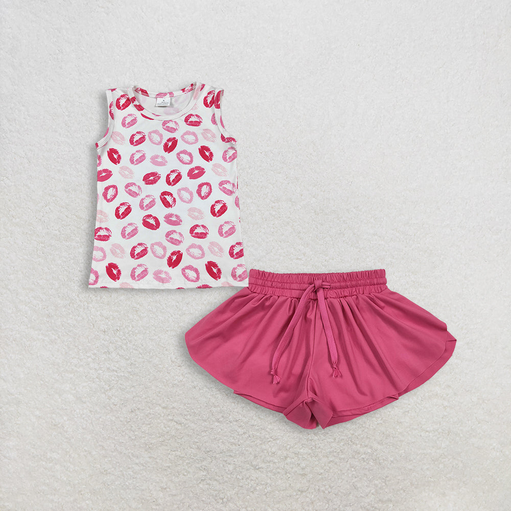 3.4 RTS NO MOQ （In stock）GT1419 + SS0545 Baby Girls Sleeveless Pink Mouths Valentines Vest Tops Shorts Bottoms
