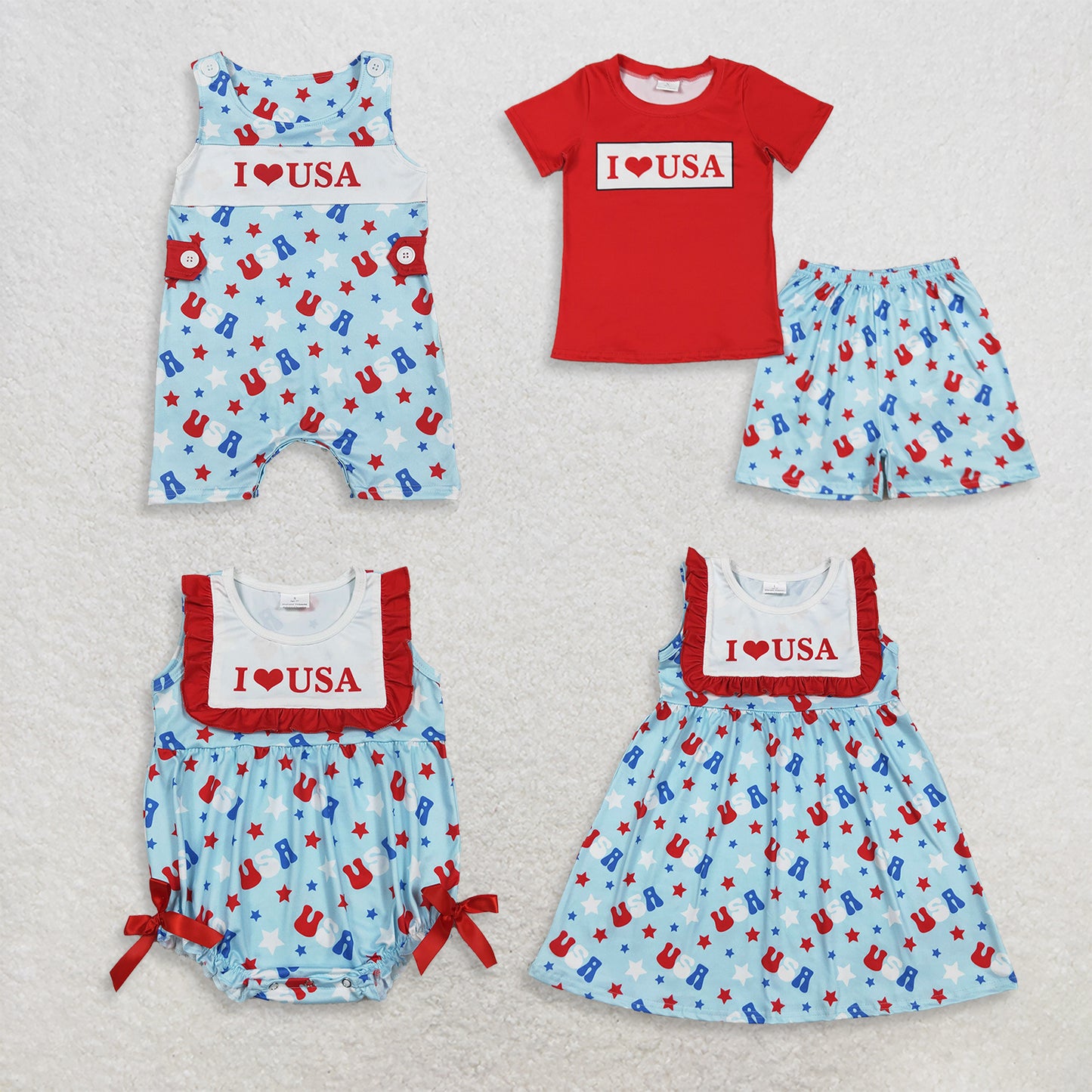 RTS Sibling Short sleeves I love USA top shorts kids 4th of july outfits and romper