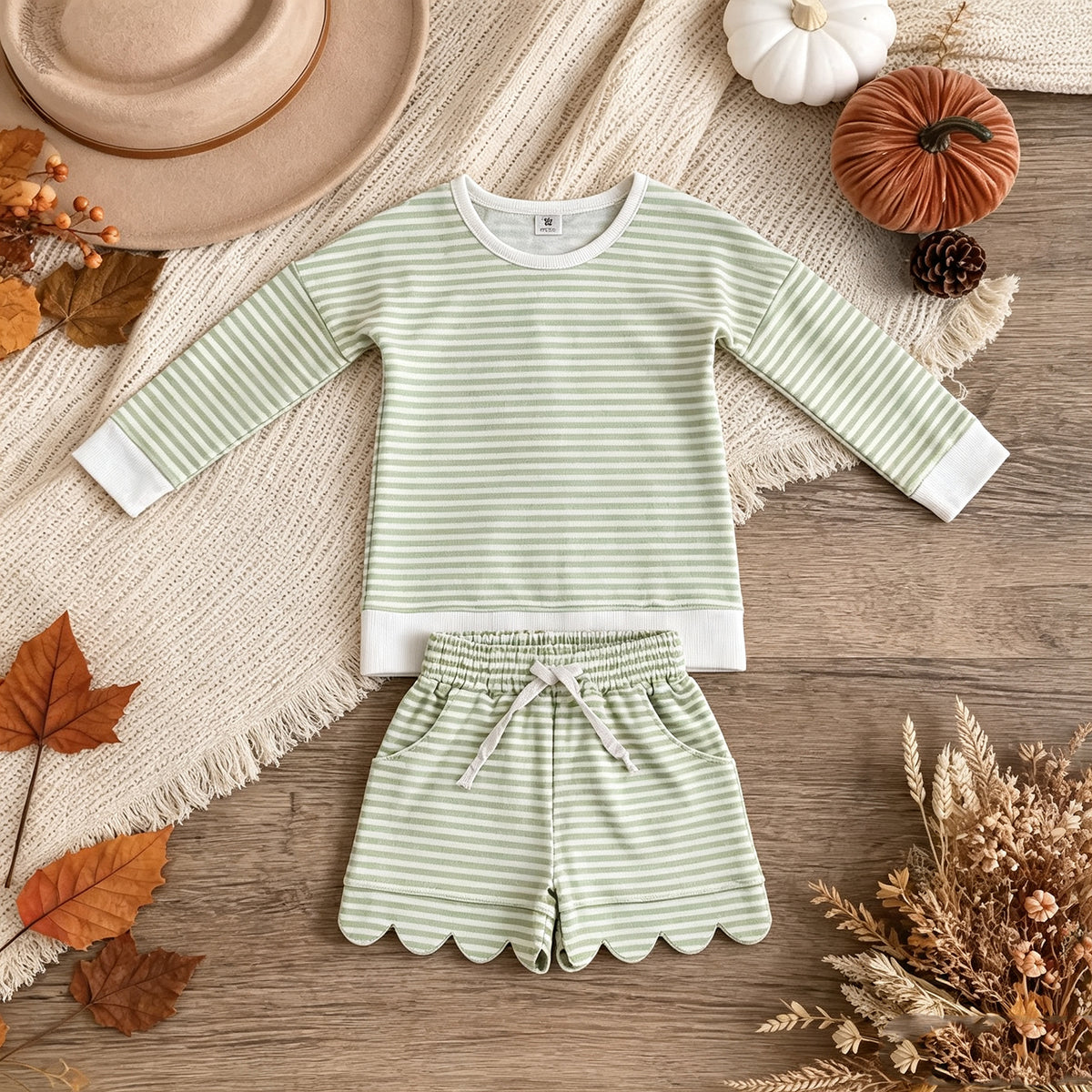 RTS NO MOQ （In stock） yoga fabric GLS0154 Baby Girls Light Green Stripe Long Sleeve Top Pockets Scallop Short Yoga Active Clothes Set