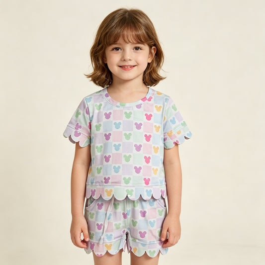 GSSO3496 RTS NO MOQ （In stock ）Short sleeves colorful plaid mouse scallop top shorts girls outfits