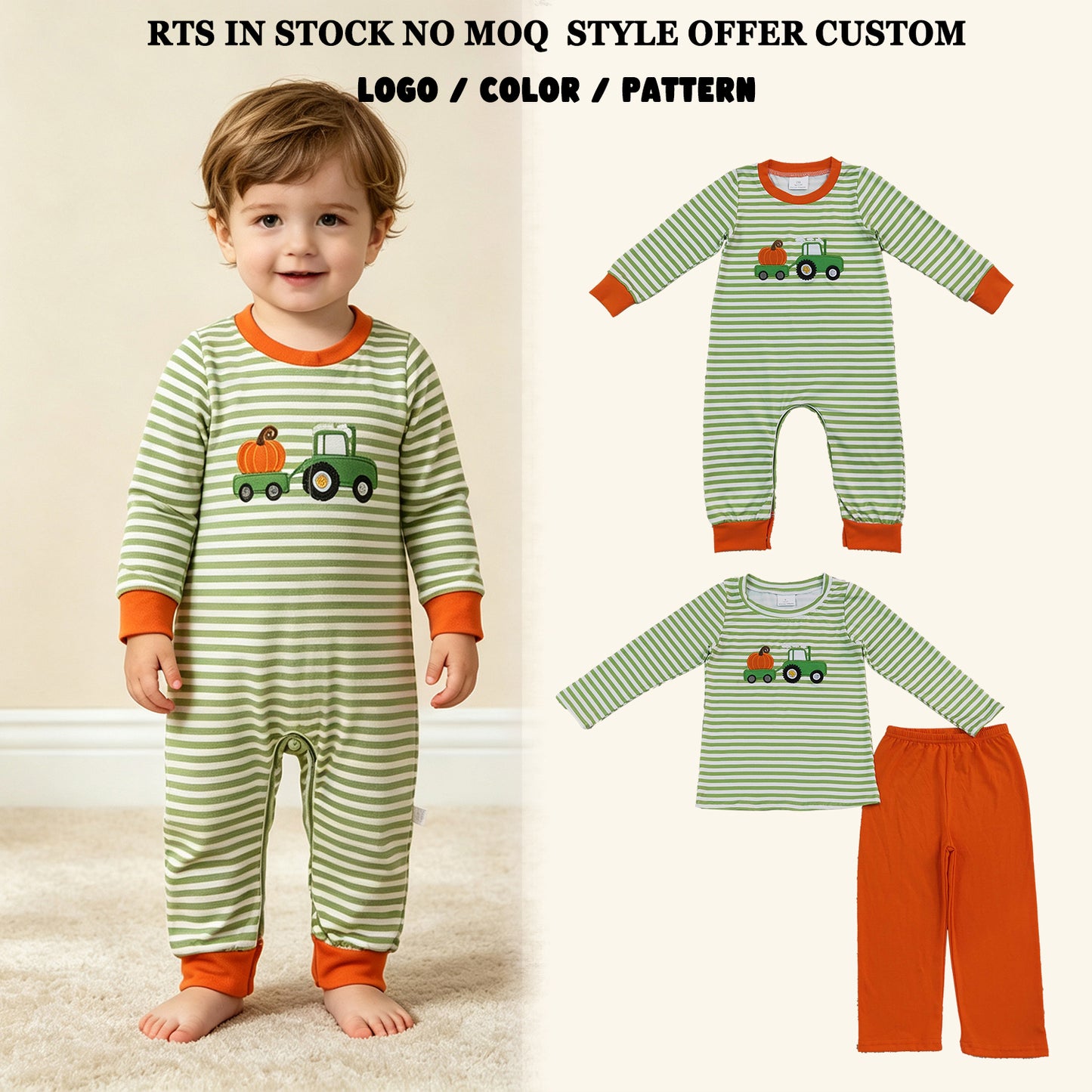 RTS NO MOQ Siblingmilk silk Embroidery Pumpkin Truck Baby Boys Green Stripe Top Pant Fall Clothes Sets Romper