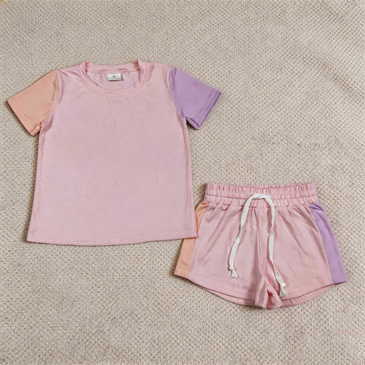 GSSO3638 RTS NO MOQ （In stock）Baby Girls Pink Patchwork Short Sleeve Shirt Top Short Clothes Set