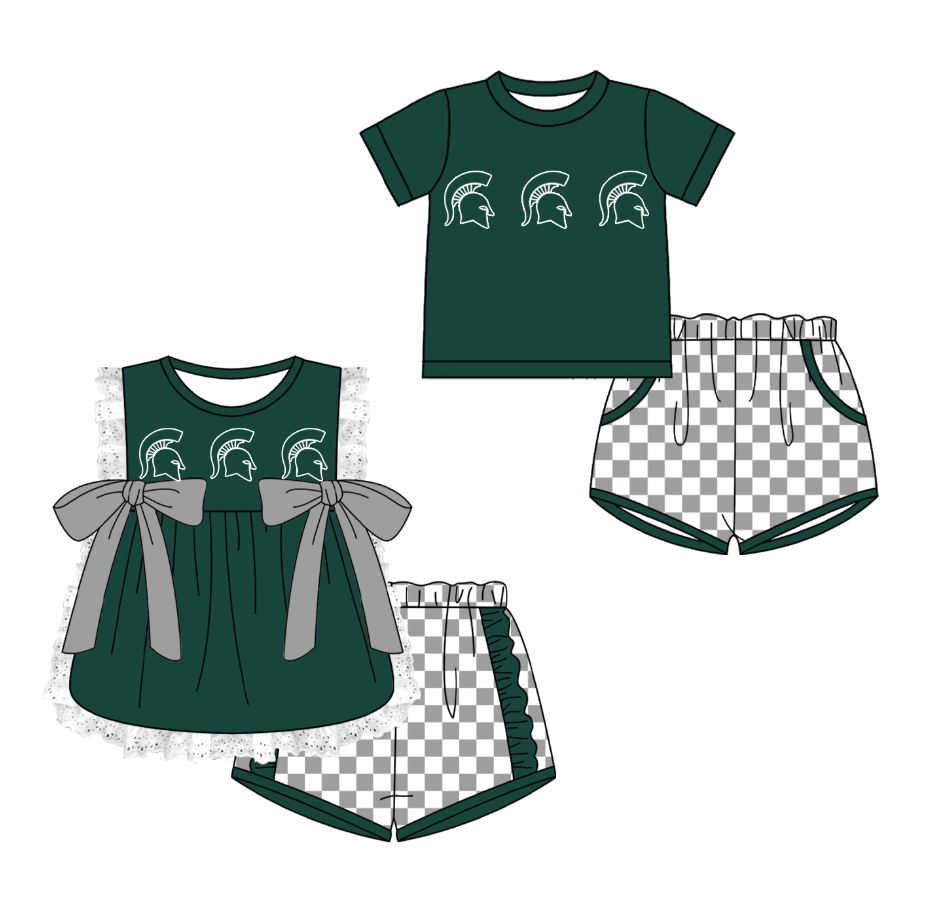 CUSTOM MOQ 5 Cute Kids Clothing Sibling Boys Baby Girls Summer Green Bow Top Gray Checked Shorts Team Clothes Sets