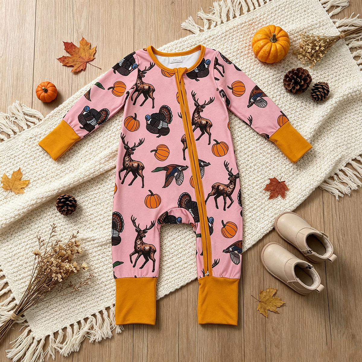 RTS NO MOQ （In stock）LR3252 Baby Girls Pumpkins Turkey Ducks Deer Thanksgivings Two Way Zip Convertible Rompers
