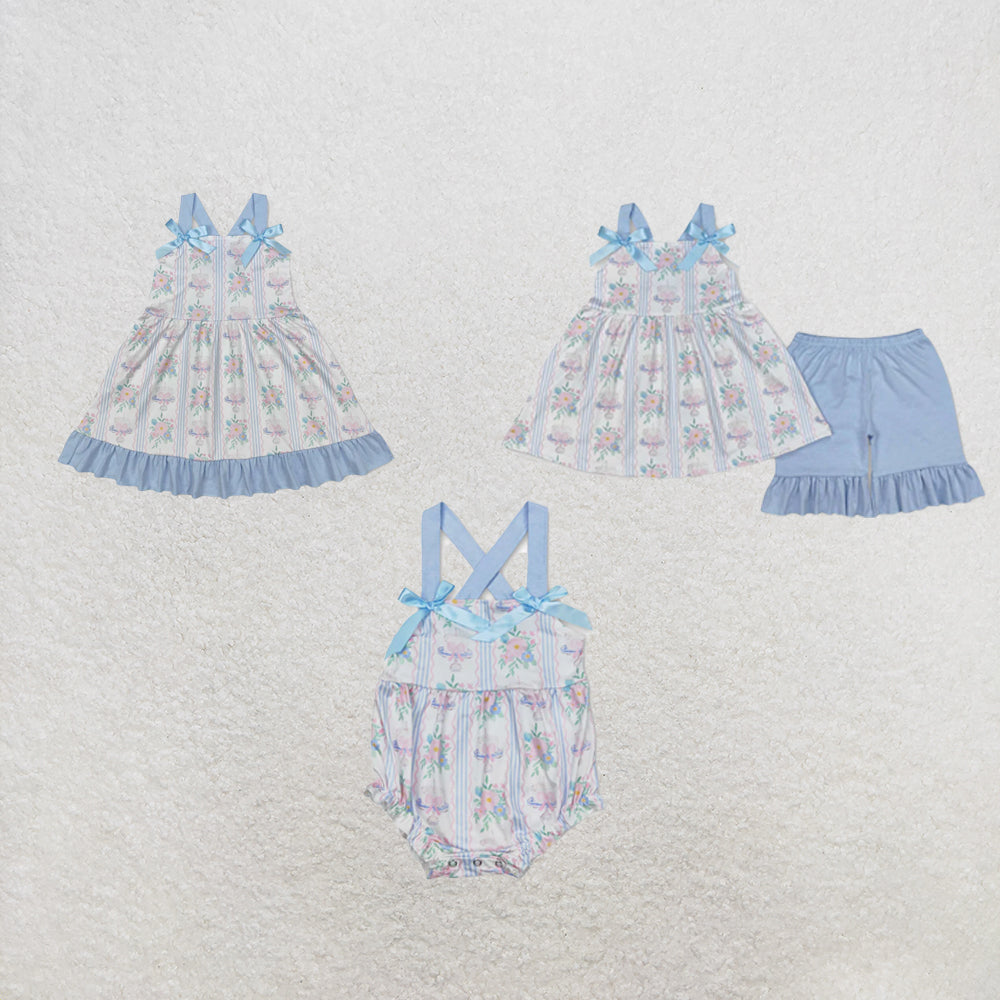 RTS Sibling Light blue straps floral cake bow Happy Birthday girls clothes dress and romper