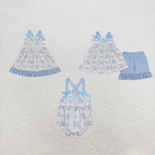 RTS Sibling Light blue straps floral cake bow Happy Birthday girls clothes dress and romper